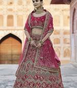 Pink thread embroidery velvet semi stitched lehenga