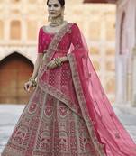 Pink thread embroidery velvet semi stitched lehenga