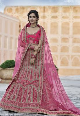 Pink thread embroidery velvet semi stitched lehenga 1