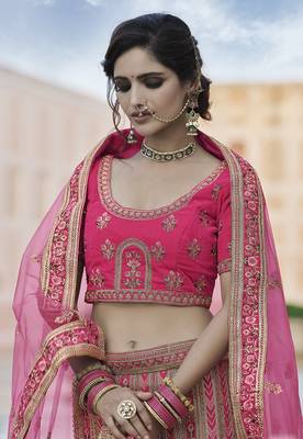 Pink thread embroidery velvet semi stitched lehenga 2