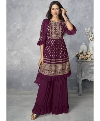  Sonam Bajwa Wine Golden Embroidered Designer Palazzo Suit 1