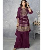  Sonam Bajwa Wine Golden Embroidered Designer Palazzo Suit