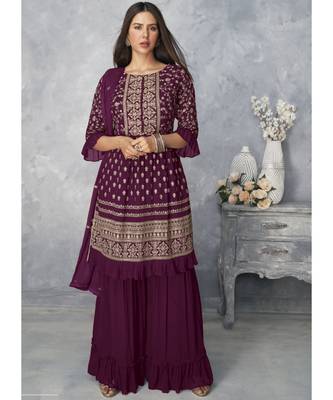  Sonam Bajwa Wine Golden Embroidered Designer Palazzo Suit 2