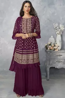  Sonam Bajwa Wine Golden Embroidered Designer Palazzo Suit