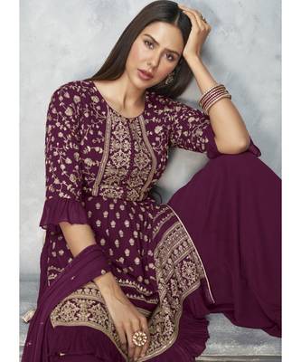  Sonam Bajwa Wine Golden Embroidered Designer Palazzo Suit 3