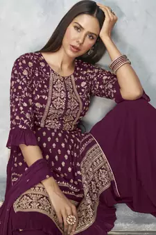  Sonam Bajwa Wine Golden Embroidered Designer Palazzo Suit