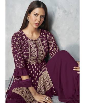  Sonam Bajwa Wine Golden Embroidered Designer Palazzo Suit 4