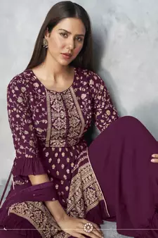  Sonam Bajwa Wine Golden Embroidered Designer Palazzo Suit