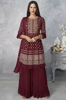  Sonam Bajwa Maroon Golden Embroidered Designer Palazzo Suit