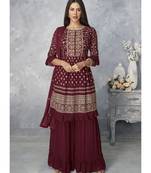  Sonam Bajwa Maroon Golden Embroidered Designer Palazzo Suit