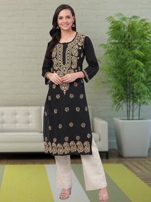 Hand Embroidered Black Cotton Lucknowi Chikankari Indian Women Kurta 1