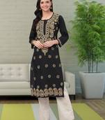 Hand Embroidered Black Cotton Lucknowi Chikankari Indian Women Kurta
