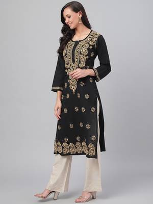 Hand Embroidered Black Cotton Lucknowi Chikankari Indian Women Kurta 3
