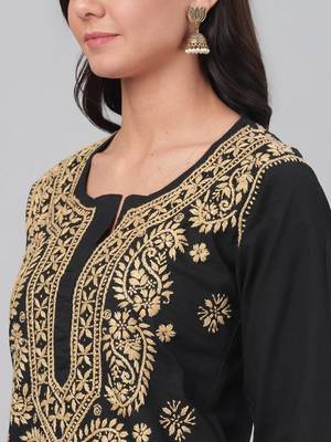 Hand Embroidered Black Cotton Lucknowi Chikankari Indian Women Kurta 4