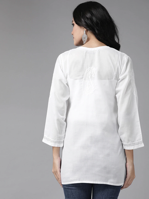 Hand Embroidered White Cotton Lucknow Chikankari Women Short Kurti 2