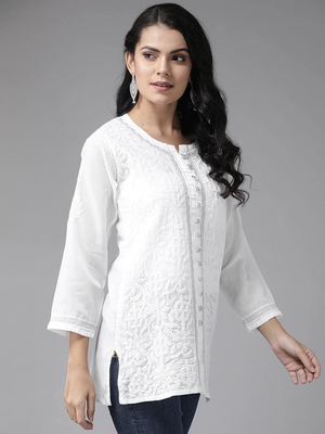 Hand Embroidered White Cotton Lucknow Chikankari Women Short Kurti 3