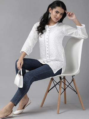 Hand Embroidered White Cotton Lucknow Chikankari Women Short Kurti 4