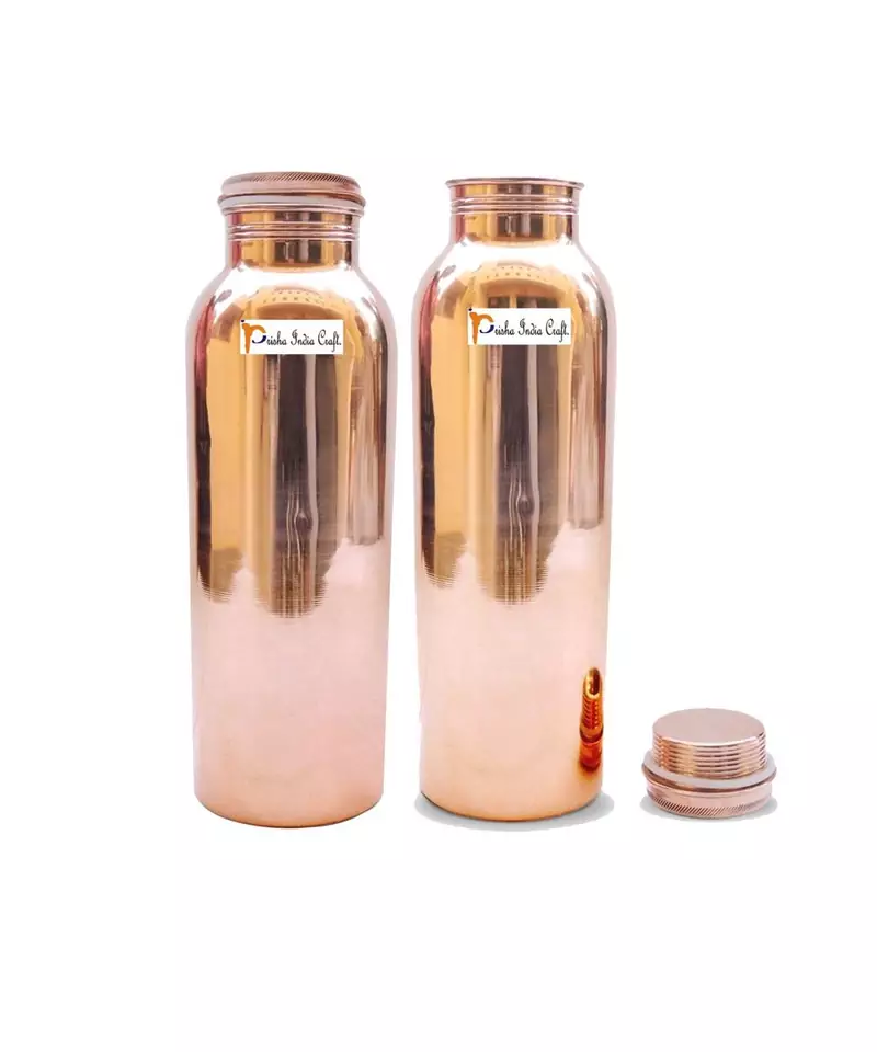 Pure Copper Yoga Water Bottle  900 ML Handmade  Joint Free  Thermos Design Copper Bottles   Set of 2
