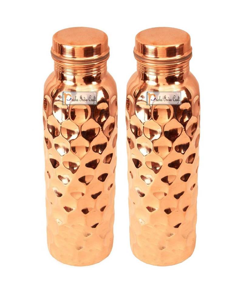 Pure Copper Water Bottle  Diamond Design  Capacity 900 ML  Set of 2
