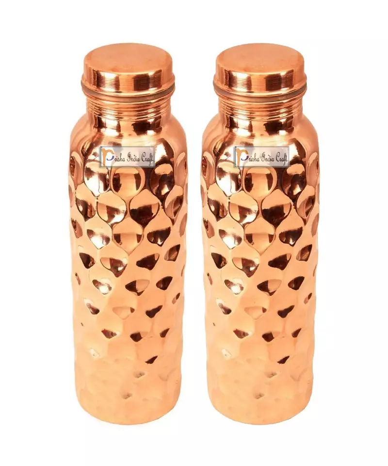 Pure Copper Water Bottle  Diamond Design  Capacity 900 ML  Set of 2