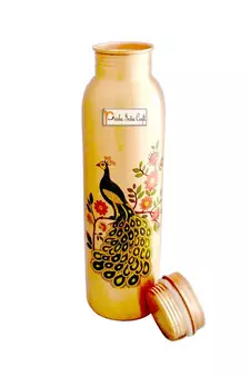 Pure Copper Bottle  Digital Printed  Outside Peacock Design  Capacity 900 ML