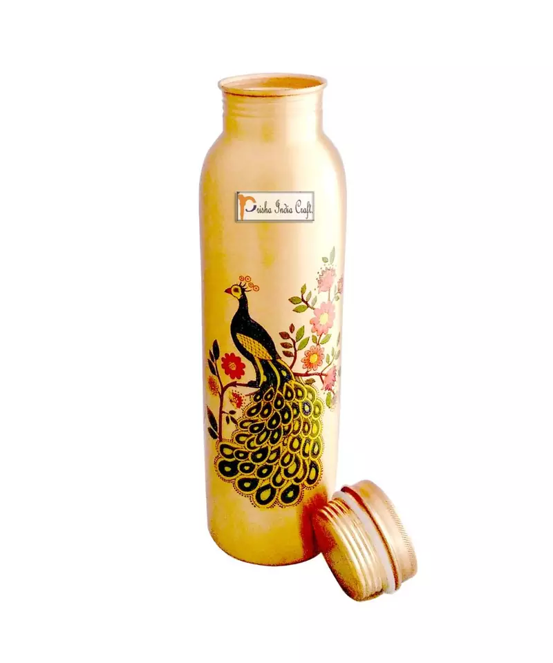 Pure Copper Bottle  Digital Printed  Outside Peacock Design  Capacity 900 ML