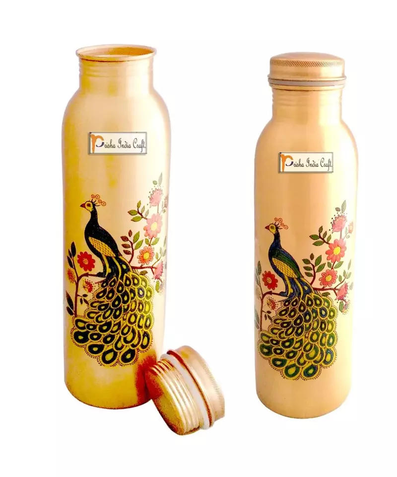 Peacock Design Copper Water Bottle  900 ML  Set of 2