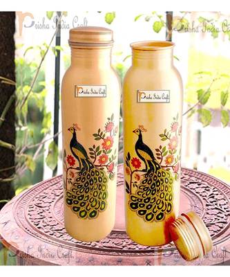 Peacock Design Copper Water Bottle  900 ML  Set of 2 2