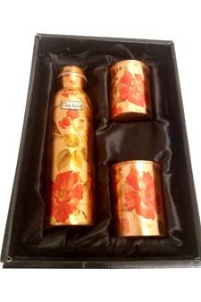 Pure Copper Water Bottle Digital Printed Flower Design  900 ML with 2 Tumbler Glass 300 ML  Drinkware Set