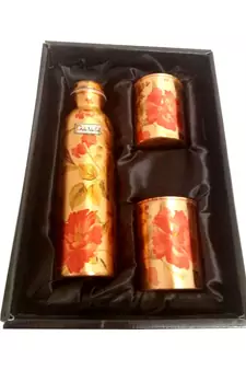 Pure Copper Water Bottle Digital Printed Flower Design  900 ML with 2 Tumbler Glass 300 ML  Drinkware Set