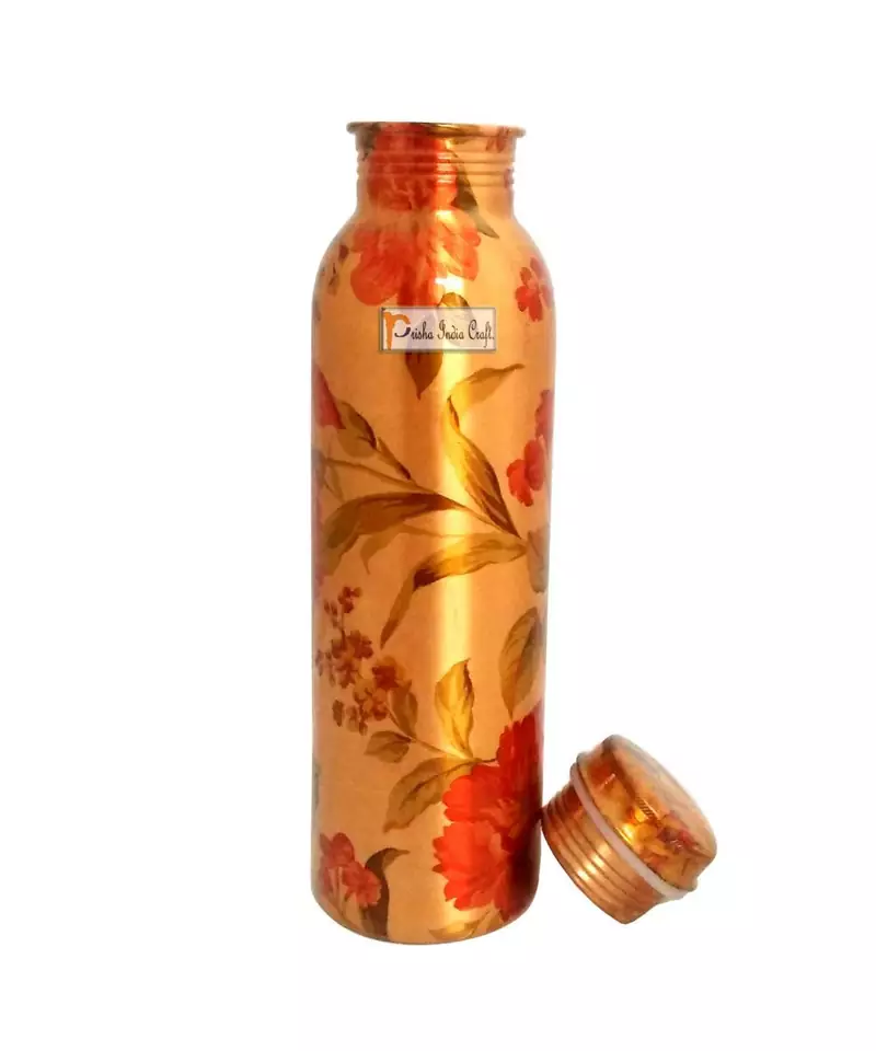 Pure Copper Water Bottle  Digital Printed  Flower Design  900 ML