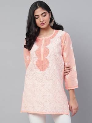 Ada Hand Embroidered Peach Cotton Lucknow Chikan Women Kurti - A273726 1