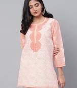 Ada Hand Embroidered Peach Cotton Lucknow Chikan Women Kurti - A273726