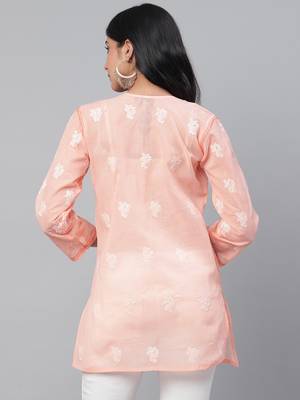 Ada Hand Embroidered Peach Cotton Lucknow Chikan Women Kurti - A273726 2