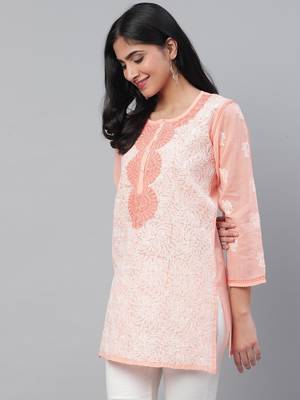 Ada Hand Embroidered Peach Cotton Lucknow Chikan Women Kurti - A273726 3