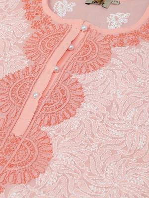 Ada Hand Embroidered Peach Cotton Lucknow Chikan Women Kurti - A273726 4