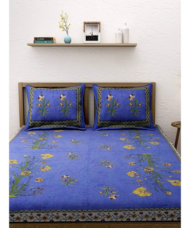 Blue Patta Kashmir Kali Bedsheet With Pillow Cover