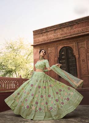 Light-green embroidered organza semi stitched lehenga 2