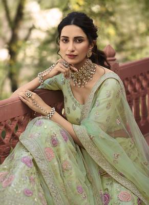 Light-green embroidered organza semi stitched lehenga 3