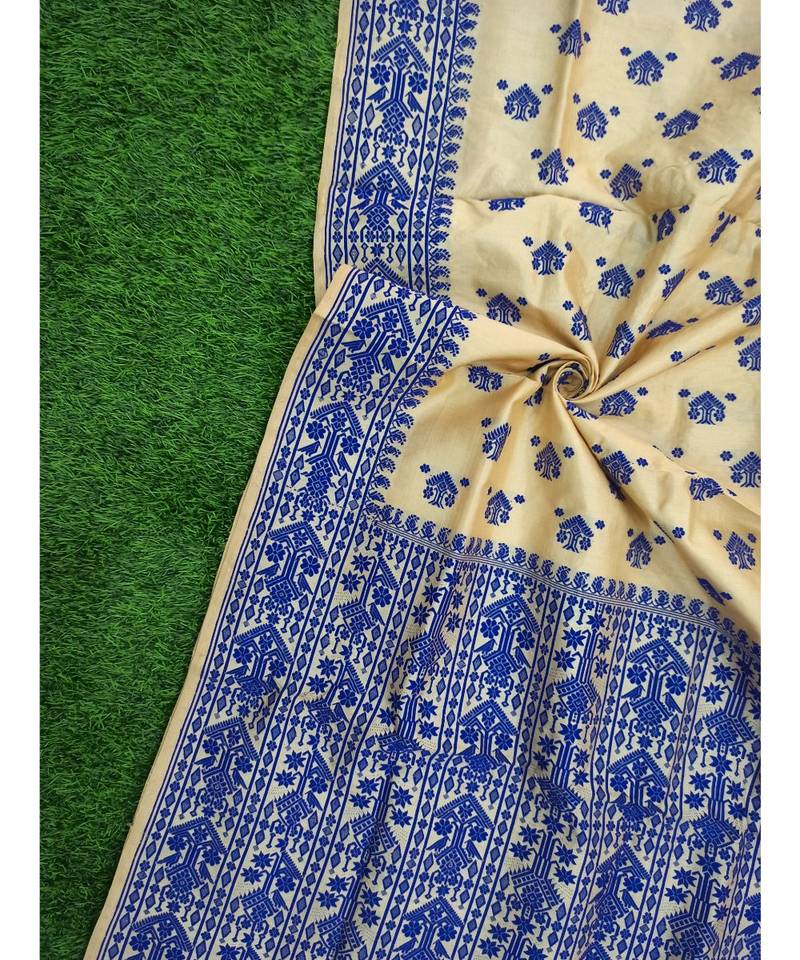 Pure Tussar Assam Silk Saree with Royal Blue Thread Work (Fixed Border)