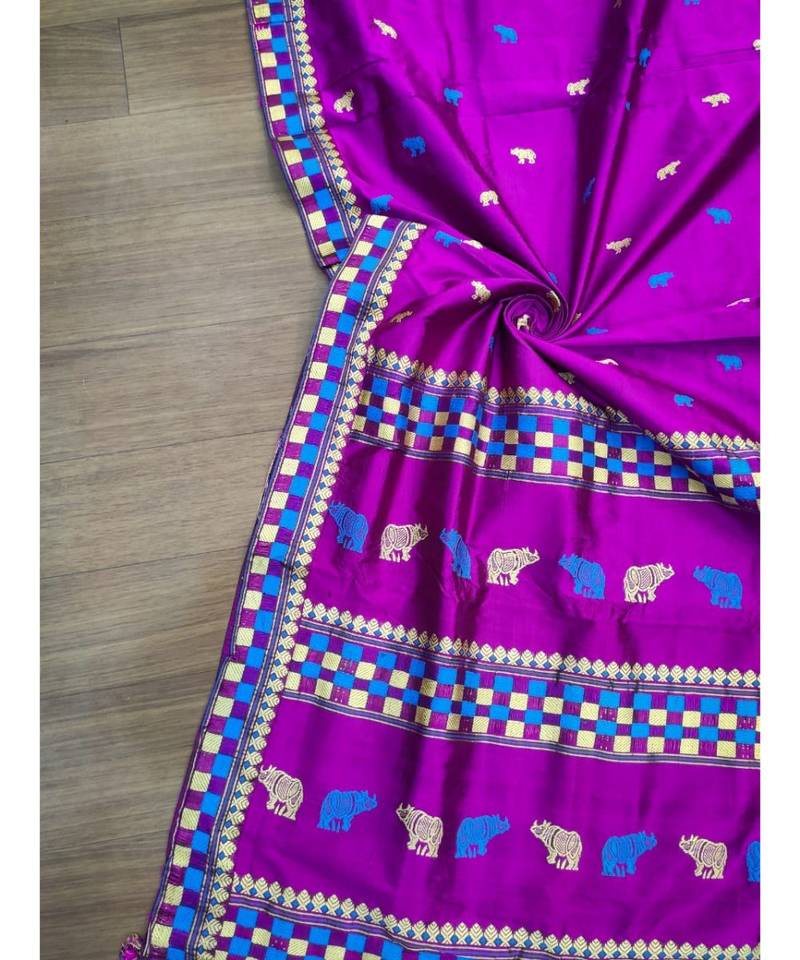 Purple Kaziranga Pure Paat  Mulberry Assam Silk Saree with Traditional Rihno Motifs