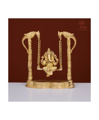Brass Lord Ganesh Ganesha on Swing Jhula with 2 Parrots 1