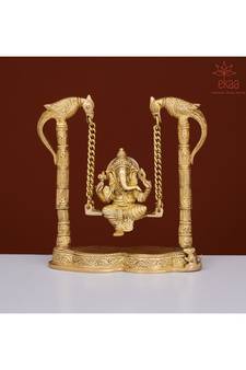 Brass Lord Ganesh Ganesha on Swing Jhula with 2 Parrots