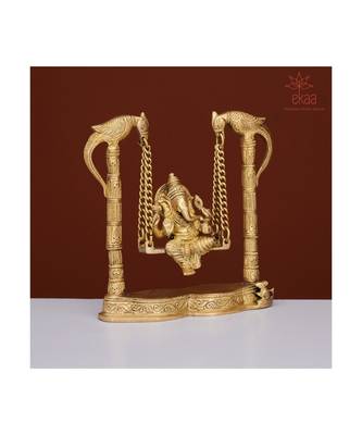 Brass Lord Ganesh Ganesha on Swing Jhula with 2 Parrots 2