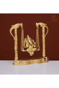 Brass Lord Ganesh Ganesha on Swing Jhula with 2 Parrots
