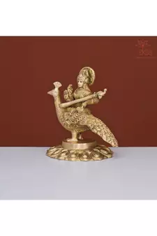 Brass Saraswati Maa Idol on Peacock