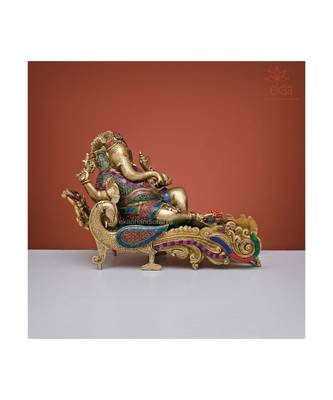 Relaxing Lord Ganesha Statue in Brass with Stonework 1