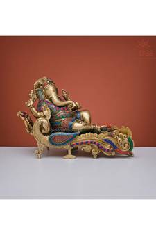 Relaxing Lord Ganesha Statue in Brass with Stonework