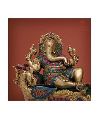 Relaxing Lord Ganesha Statue in Brass with Stonework 2
