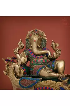 Relaxing Lord Ganesha Statue in Brass with Stonework
